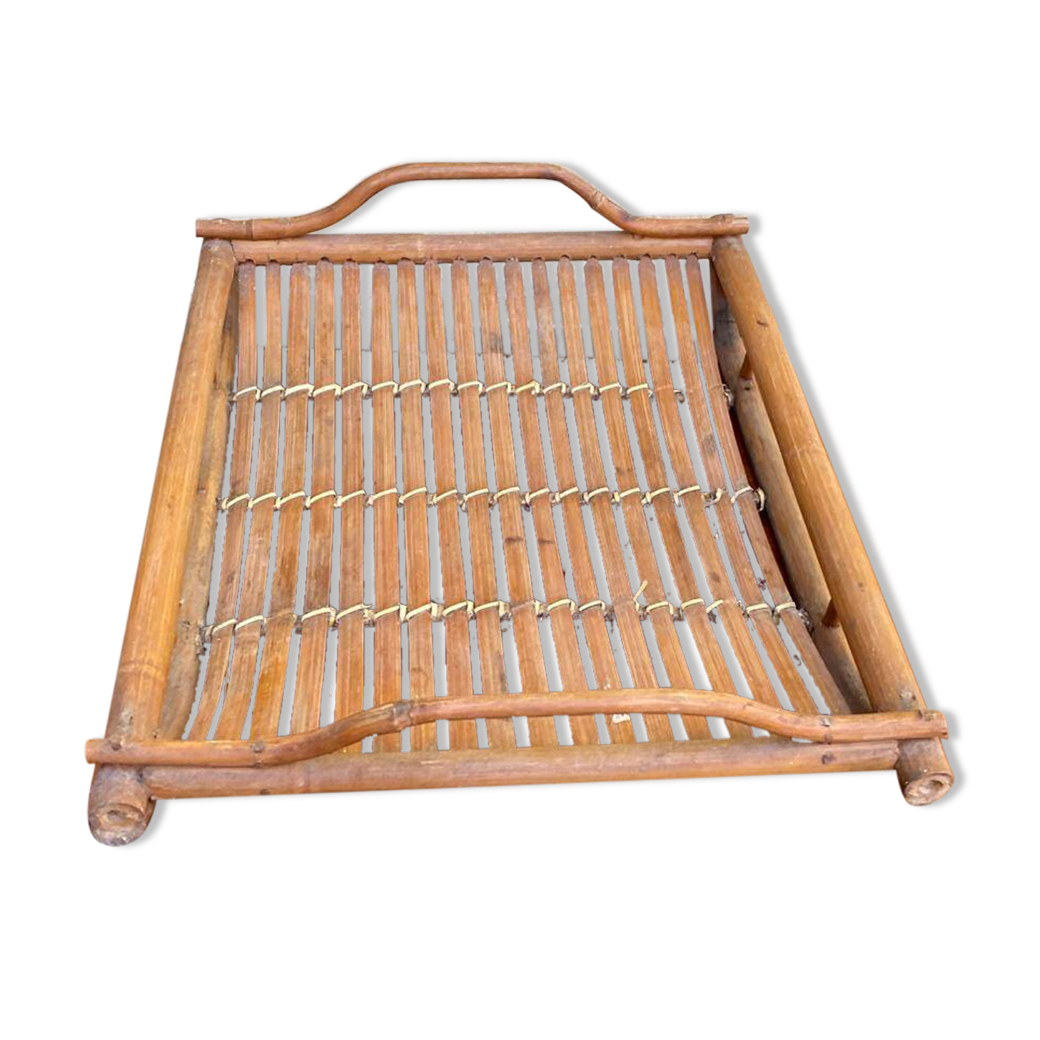 Vintage serving tray in bamboo and woven rattan boho / tropical 1970s