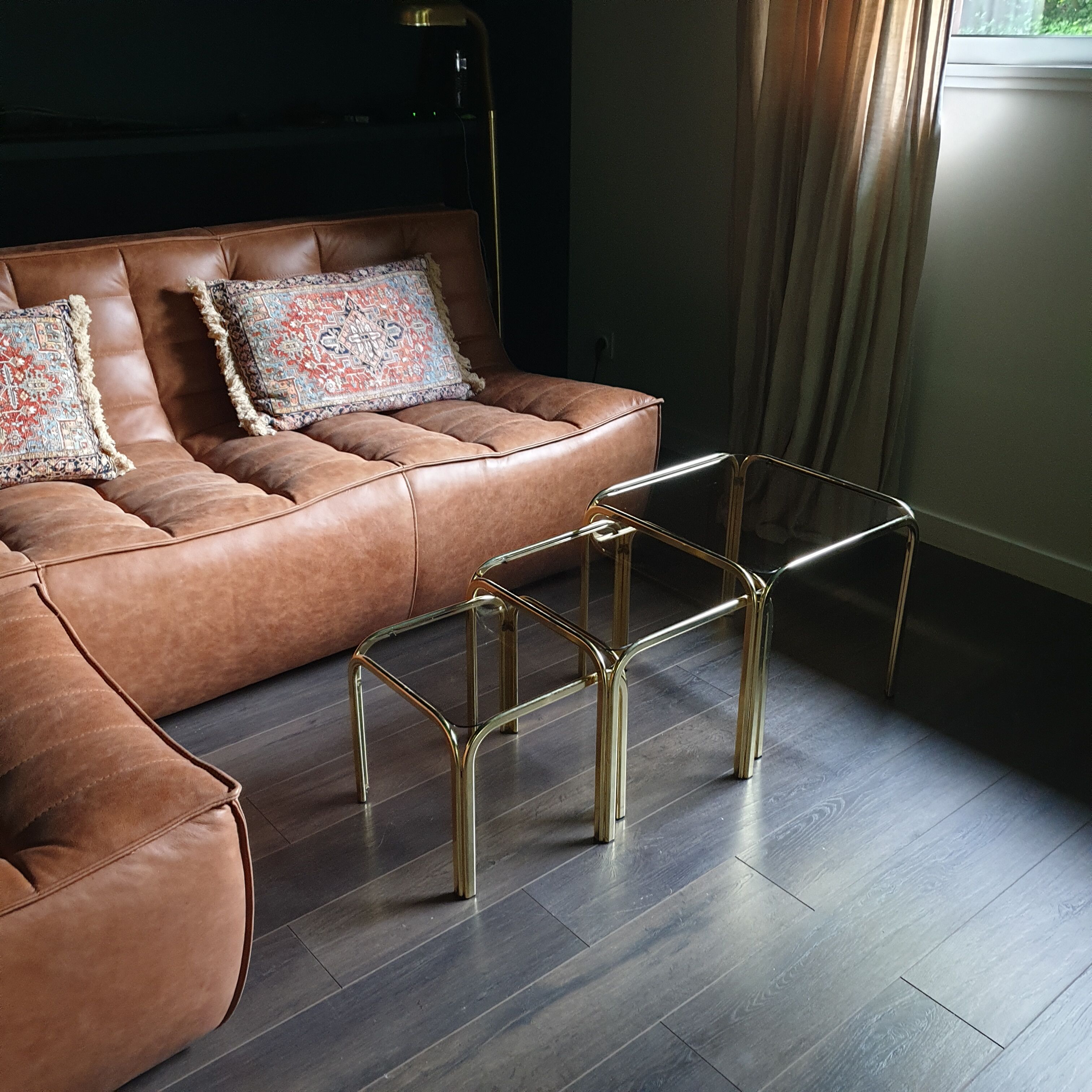 Golden vintage pull-out coffee tables and 70s smoked glass
