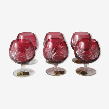 6 handmade red lead crystal glass cognac glasses, vintage from the 1960s
