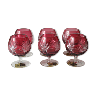 6 handmade red lead crystal glass cognac glasses, vintage from the 1960s