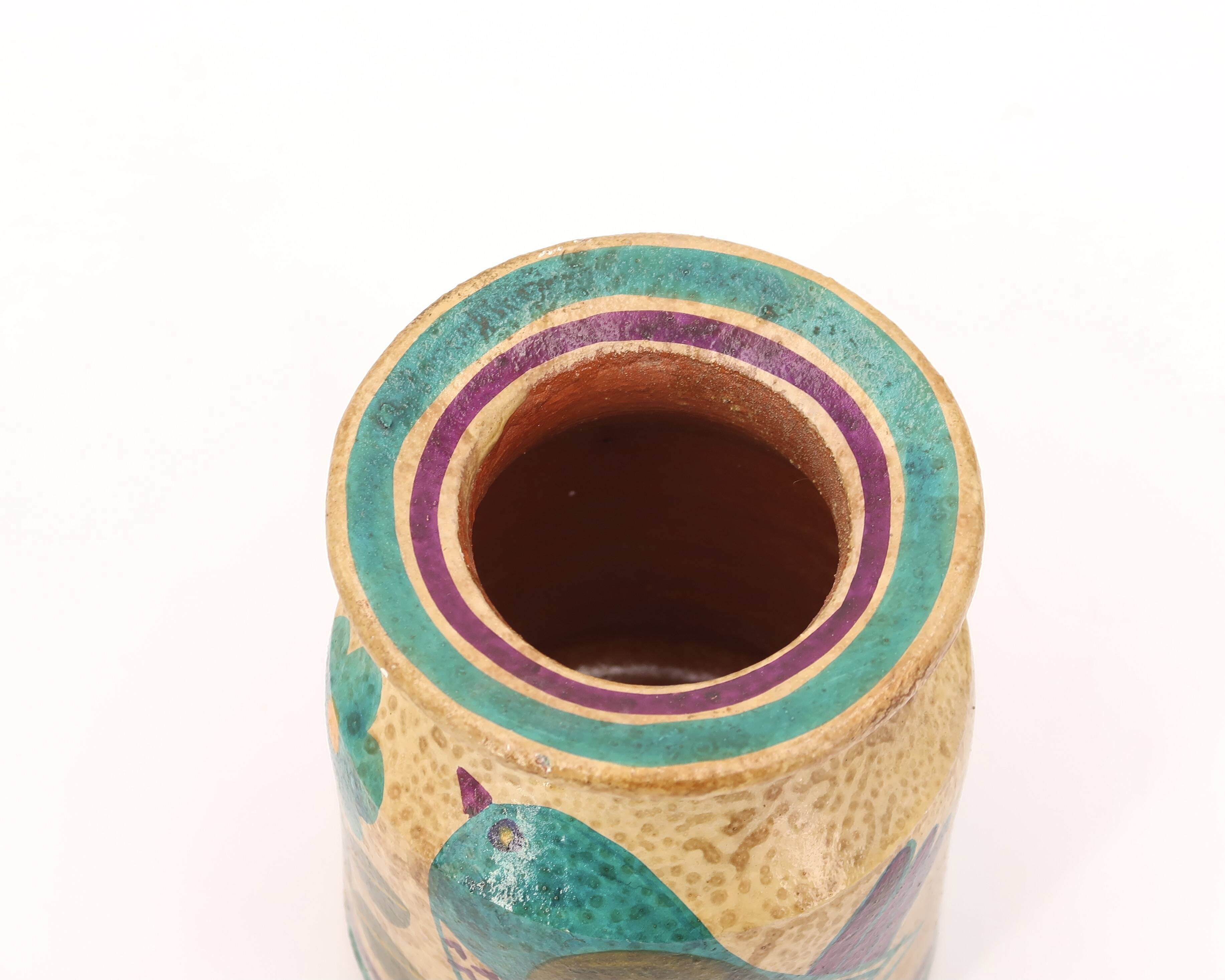 Vase Carmo Saude en céramique décor oiseaux et fleurs, années 70