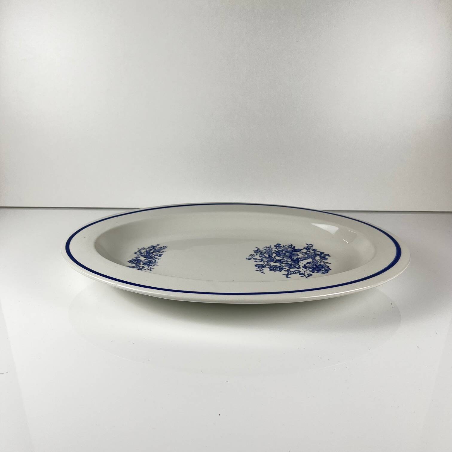Large white & blue oval dish, bird and flower motif