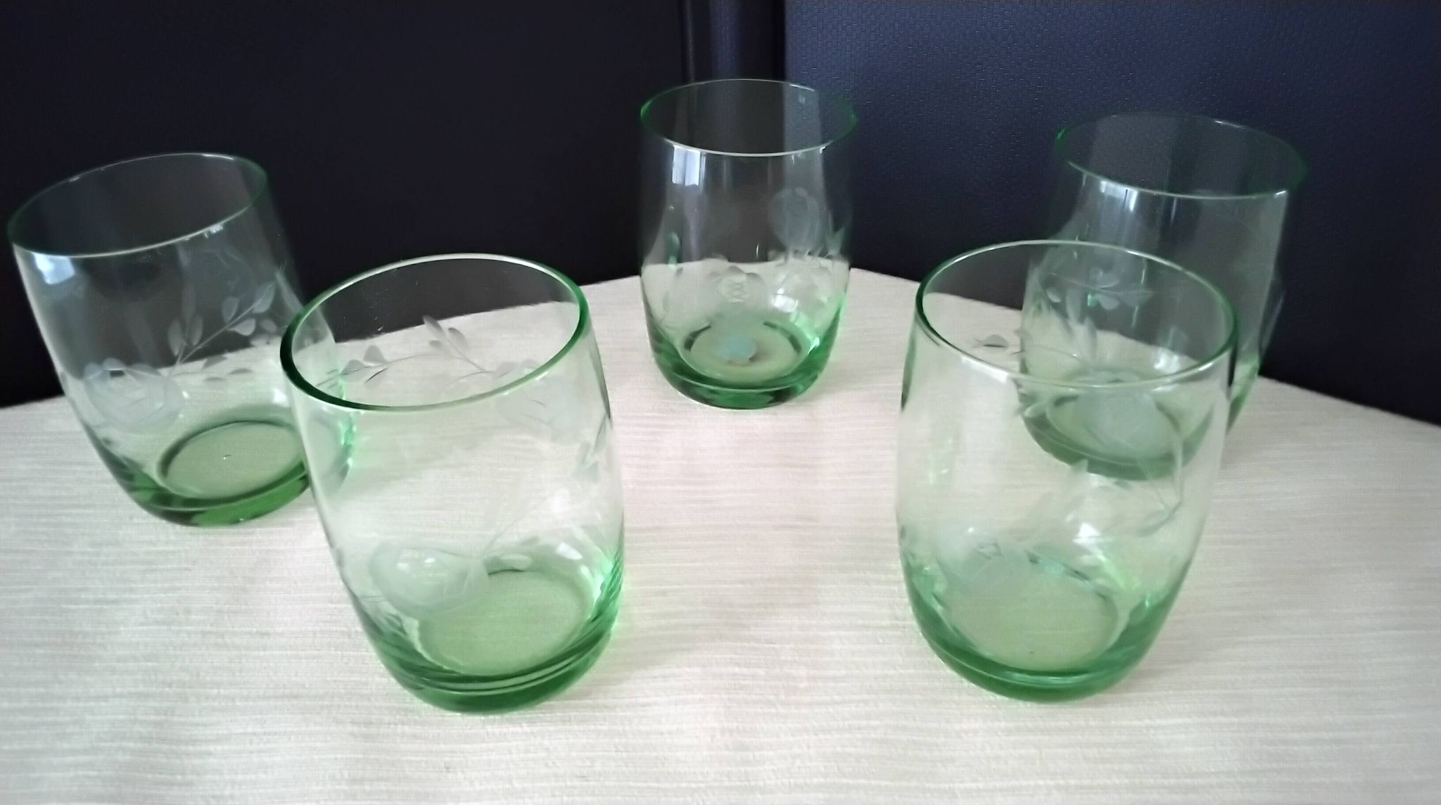 5 glass water tumblers with engraved floral design