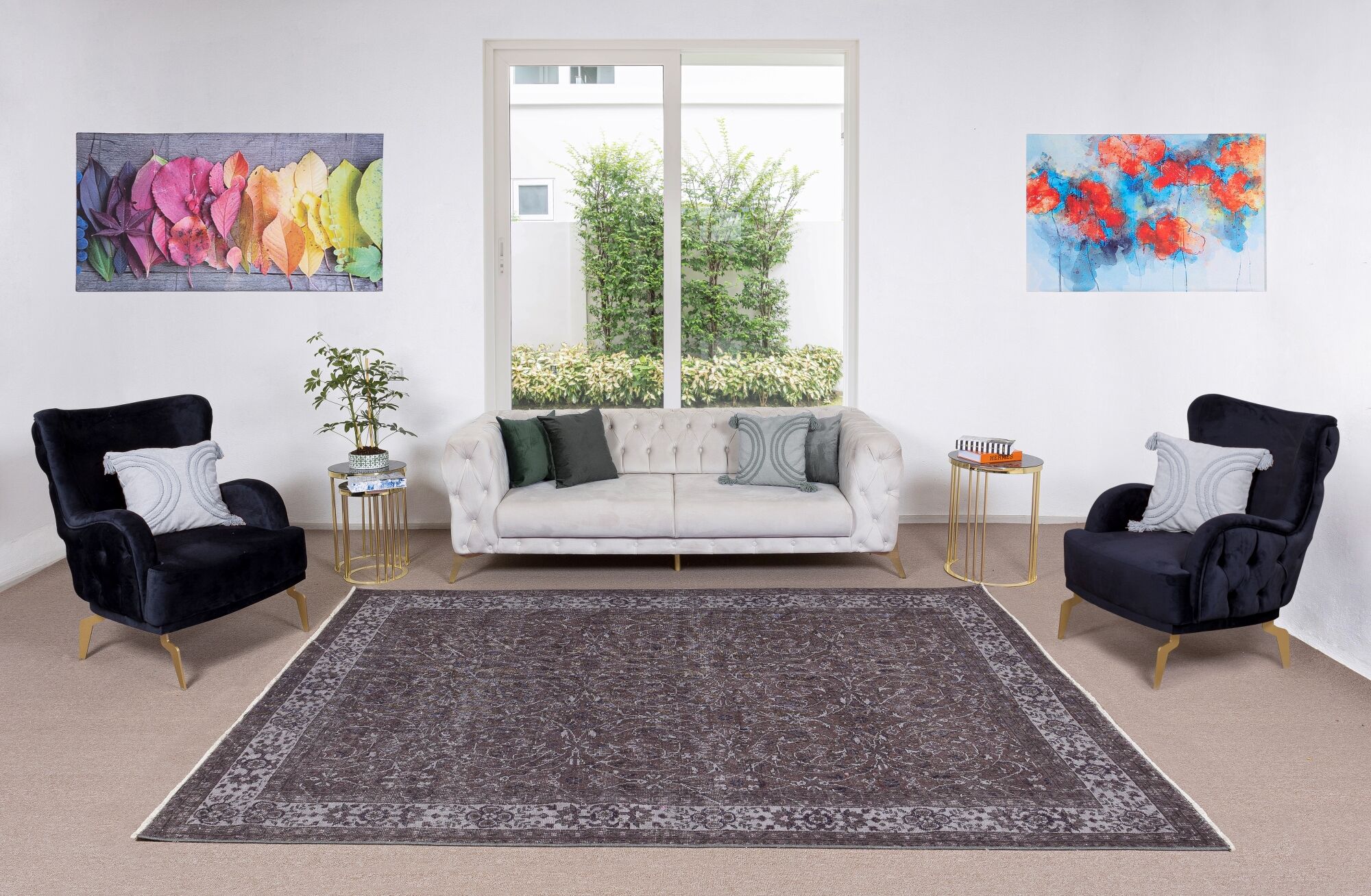 Floral pattern turkish handmade vintage wool area rug over-dyed in brown 195 x 268 cm