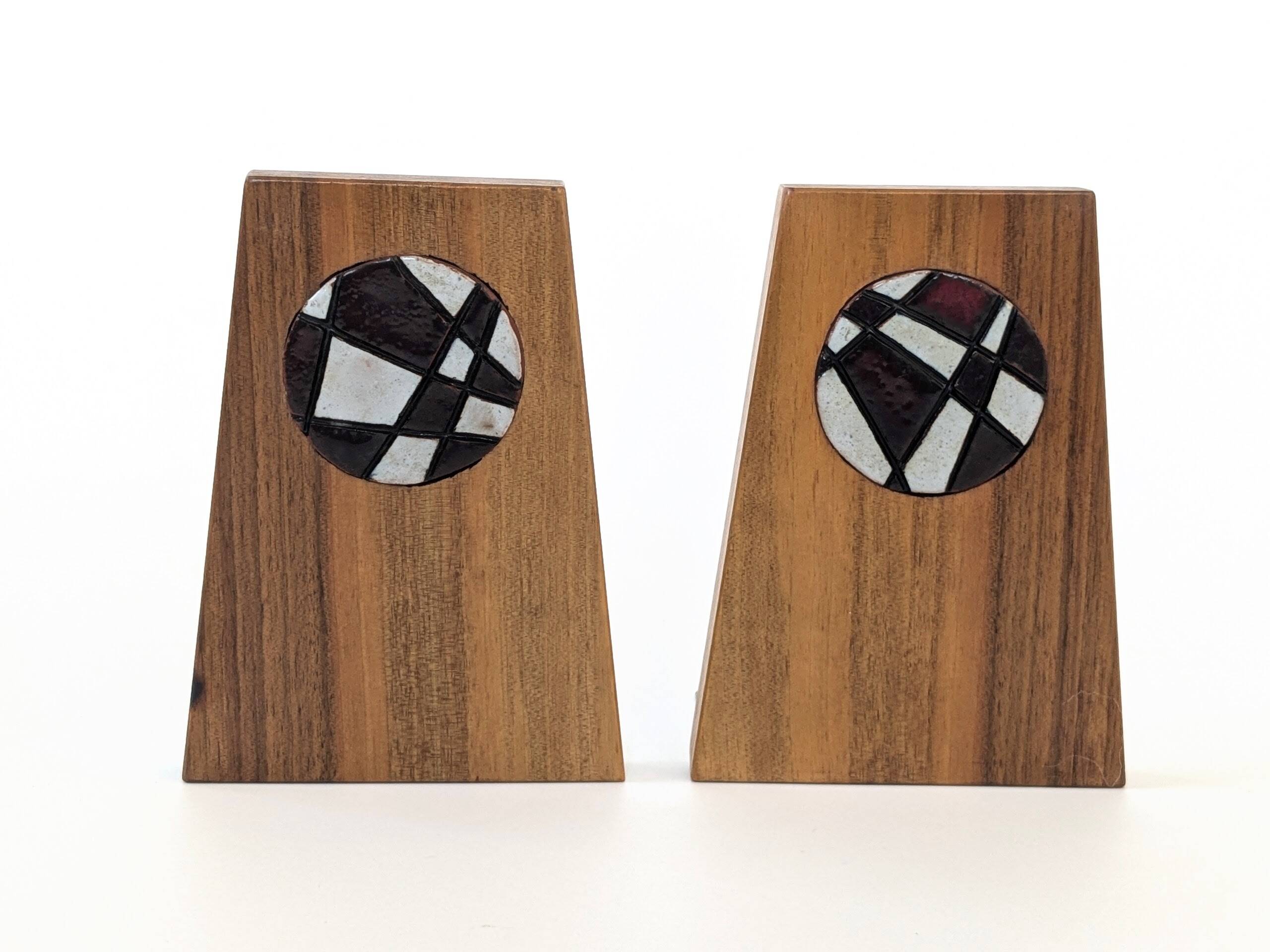 1960s Bookends | Set of 2 | Wood, Ceramic & Brass