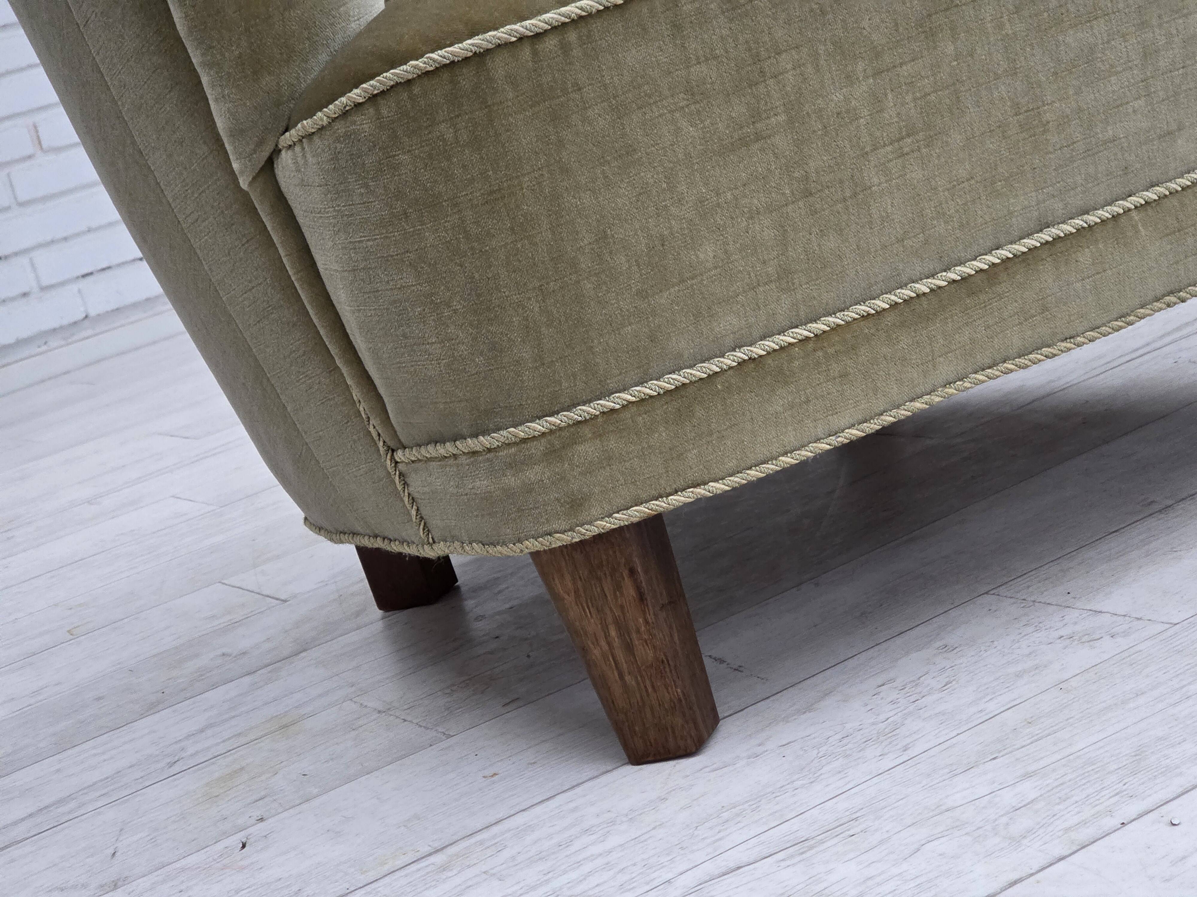 1970s, Danish armchair, original green furniture velour, oak wood.