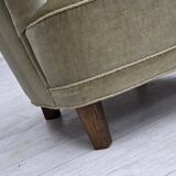 1970s, Danish armchair, original green furniture velour, oak wood.