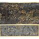 Square coffee table in marbled glass with "solar eruption" decor.