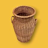 Grand panier ancien en osier tressé – forme amphore – vers 1950