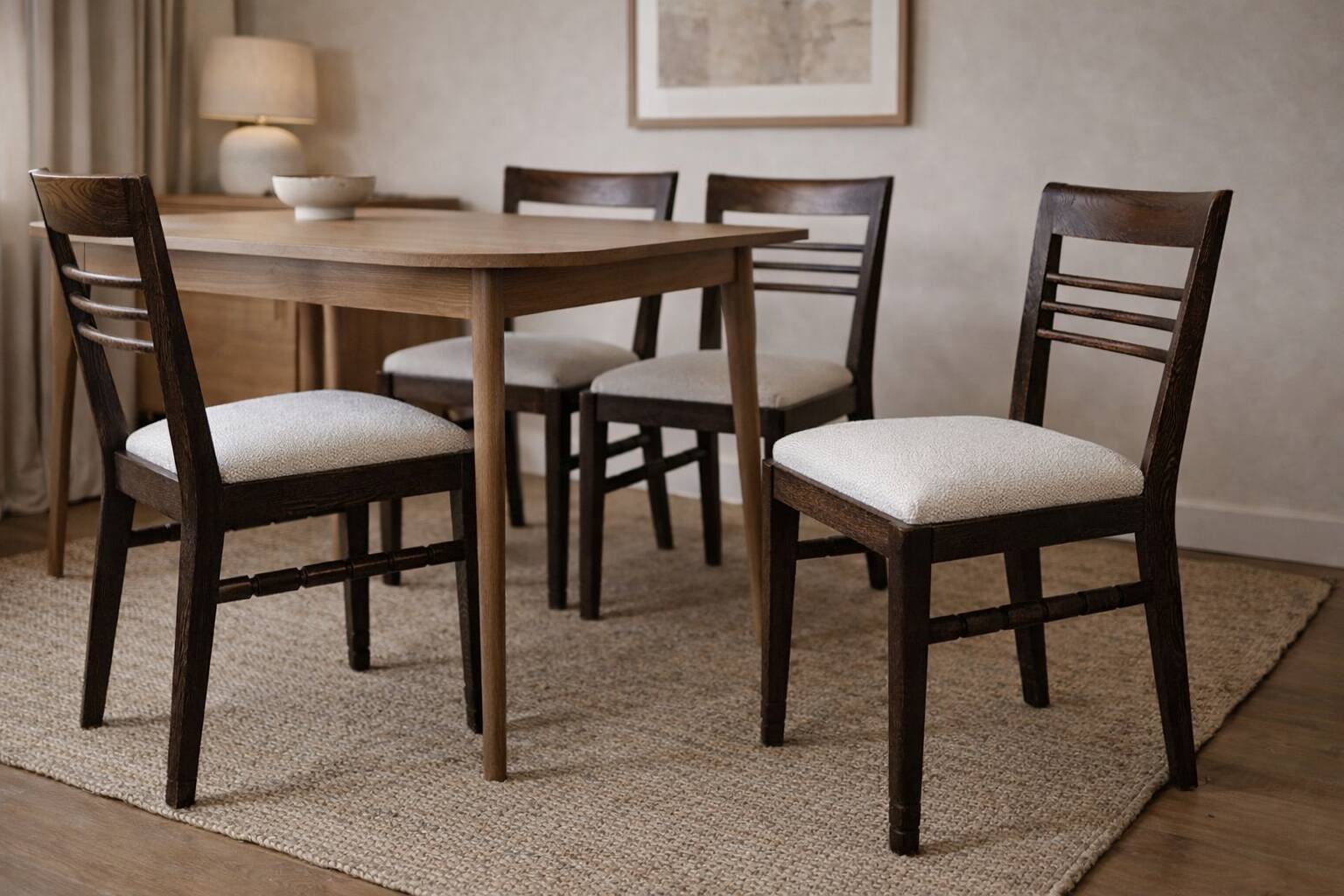 Set of 4 modernist chairs in oak and boucle fabric - 1940