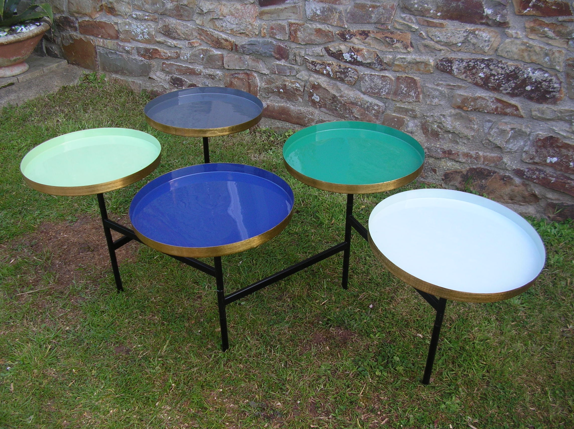 Articulated living room coffee table 5 trays in metal enamelled contemporary decoration