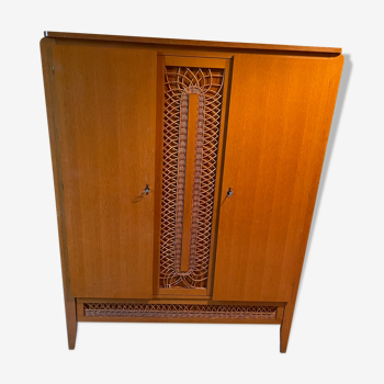 Armoire style scandinave bois et rotin années 60 vintage