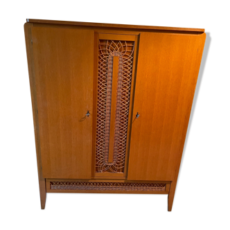 Armoire style scandinave bois et rotin années 60 vintage