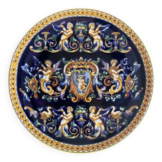 Plat à tarte gâteau Gien Renaissance fond bleu 1971/1984