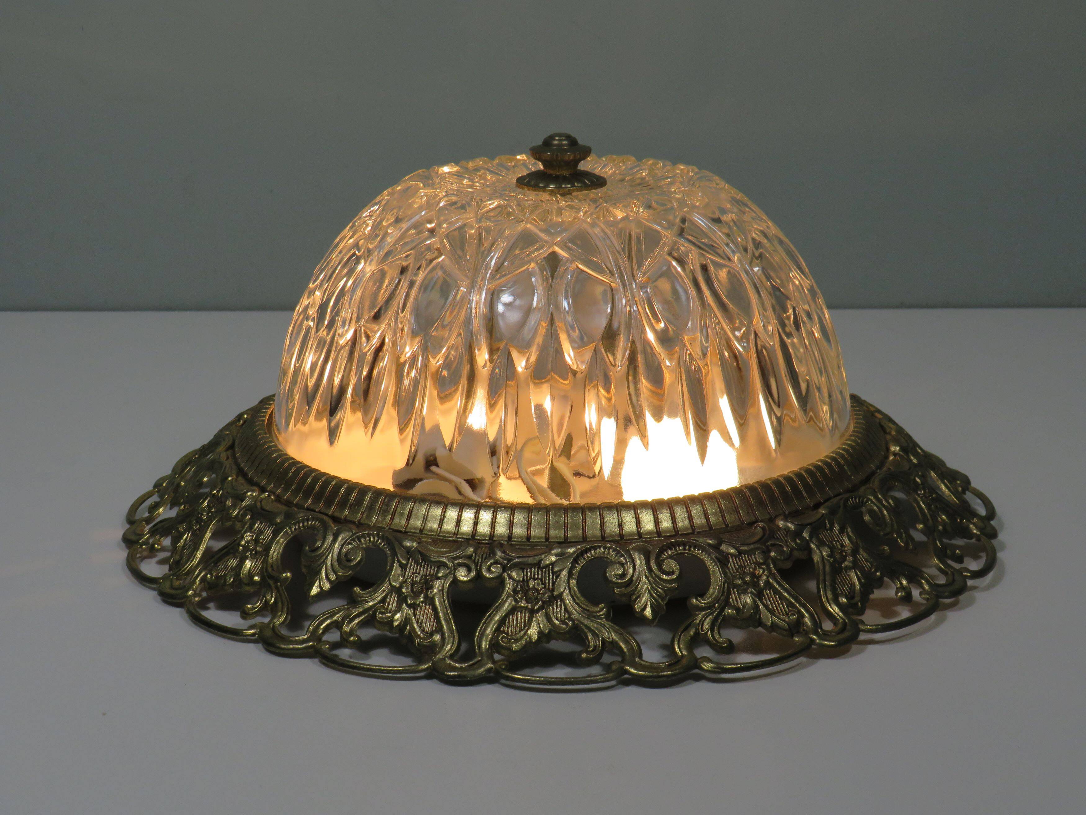 Hollywood Regency ceiling light, cut glass and openwork gold edge.