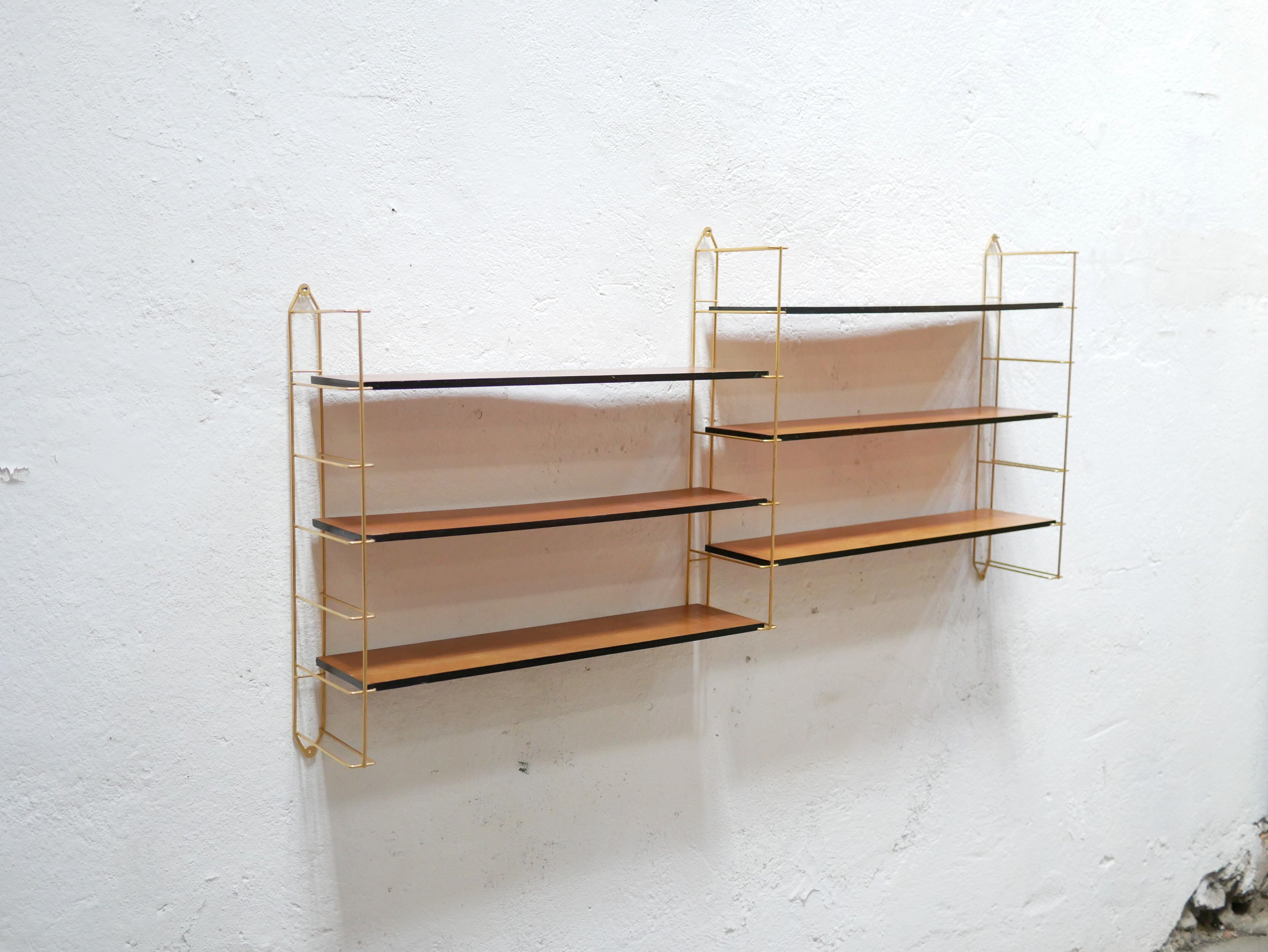 Vintage modular wall shelf in brass and wood