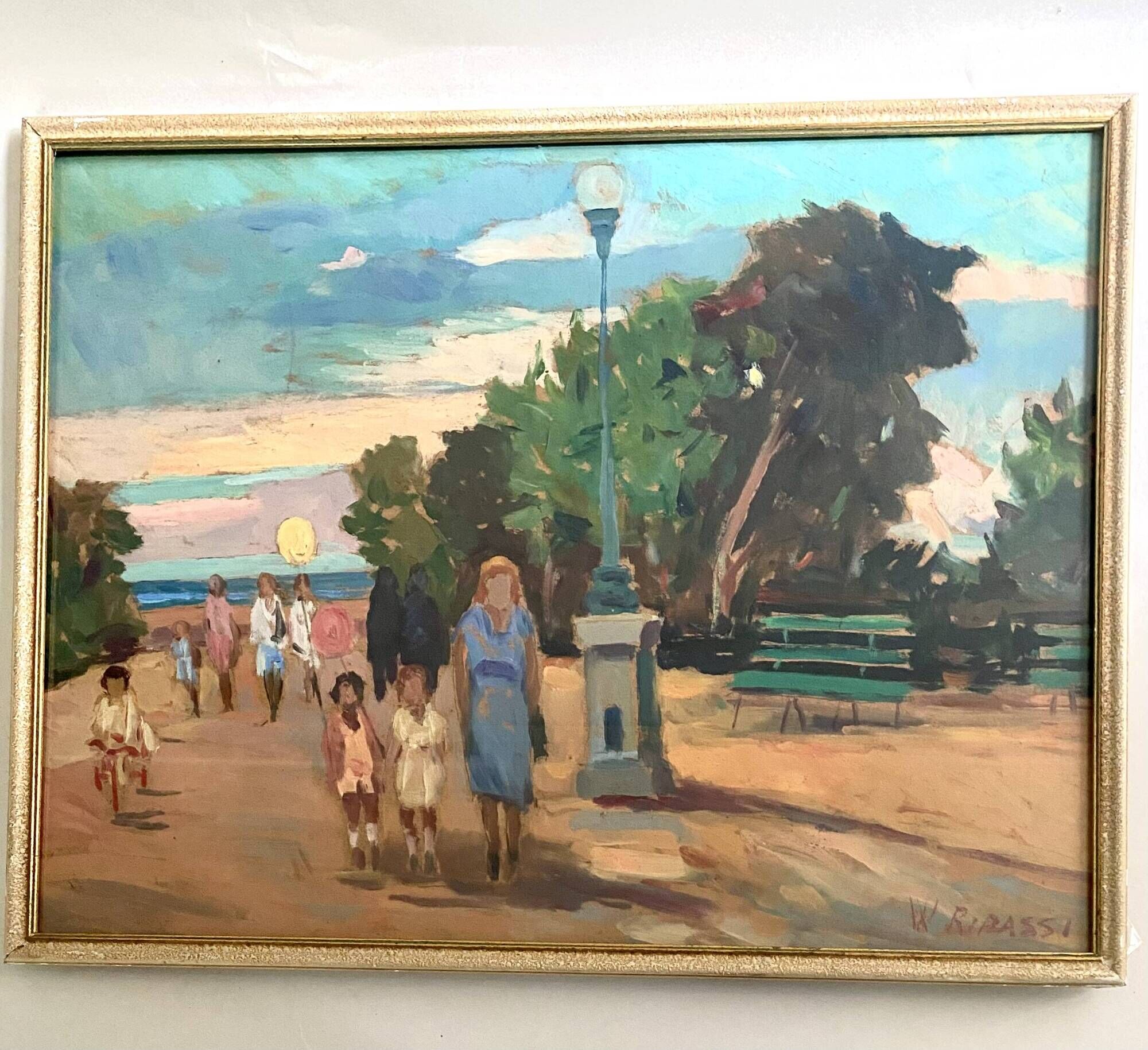 Oil painting "public garden" under glass, 1960s-70s