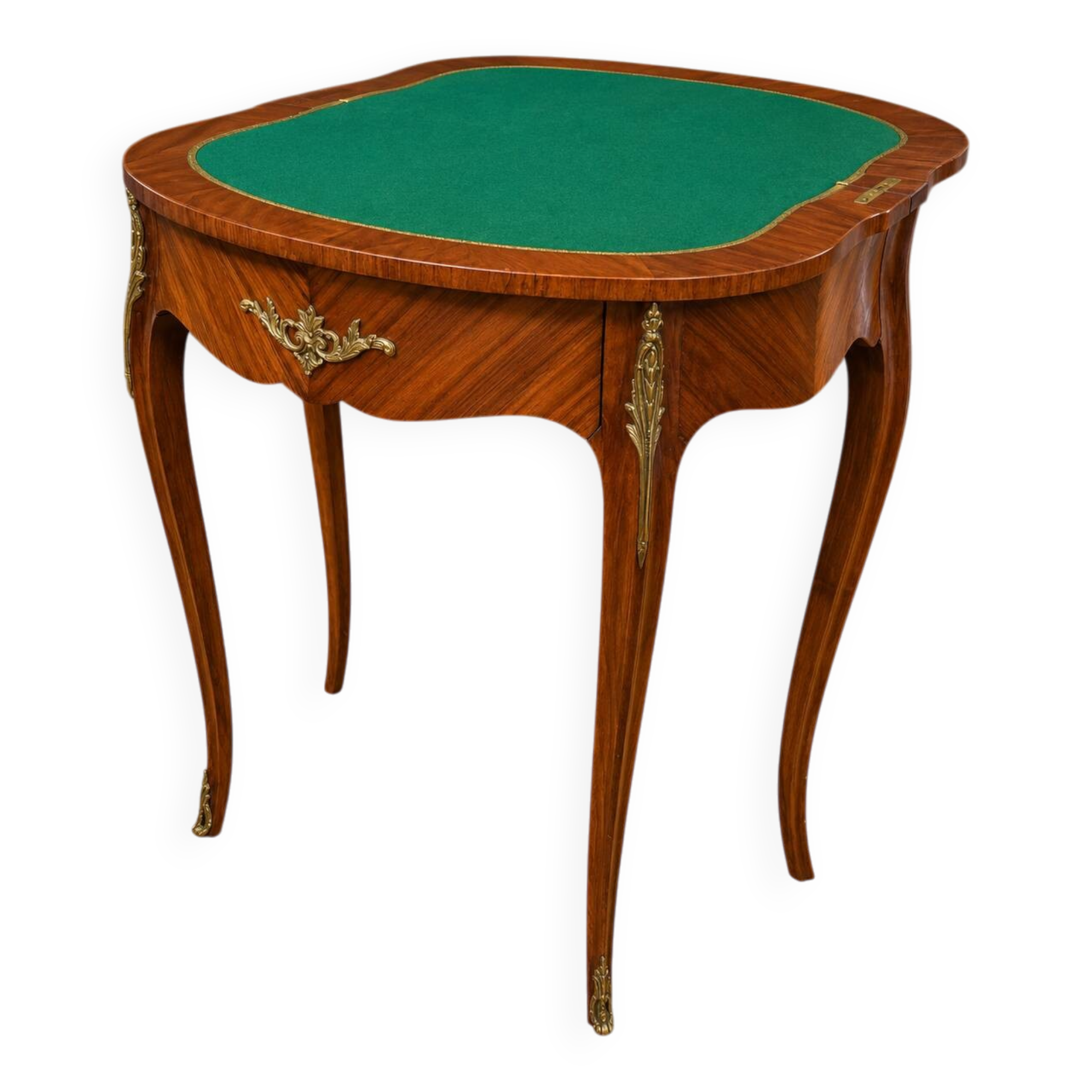 Half-moon gaming table in Louis XV style, made of precious wood marquetry.
