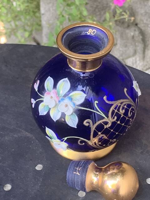 Perfume bottles, in hand-painted blue Bohemian crystal, antique.
