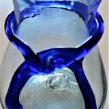 Biot vase in bluish transparent glass and blue scarf