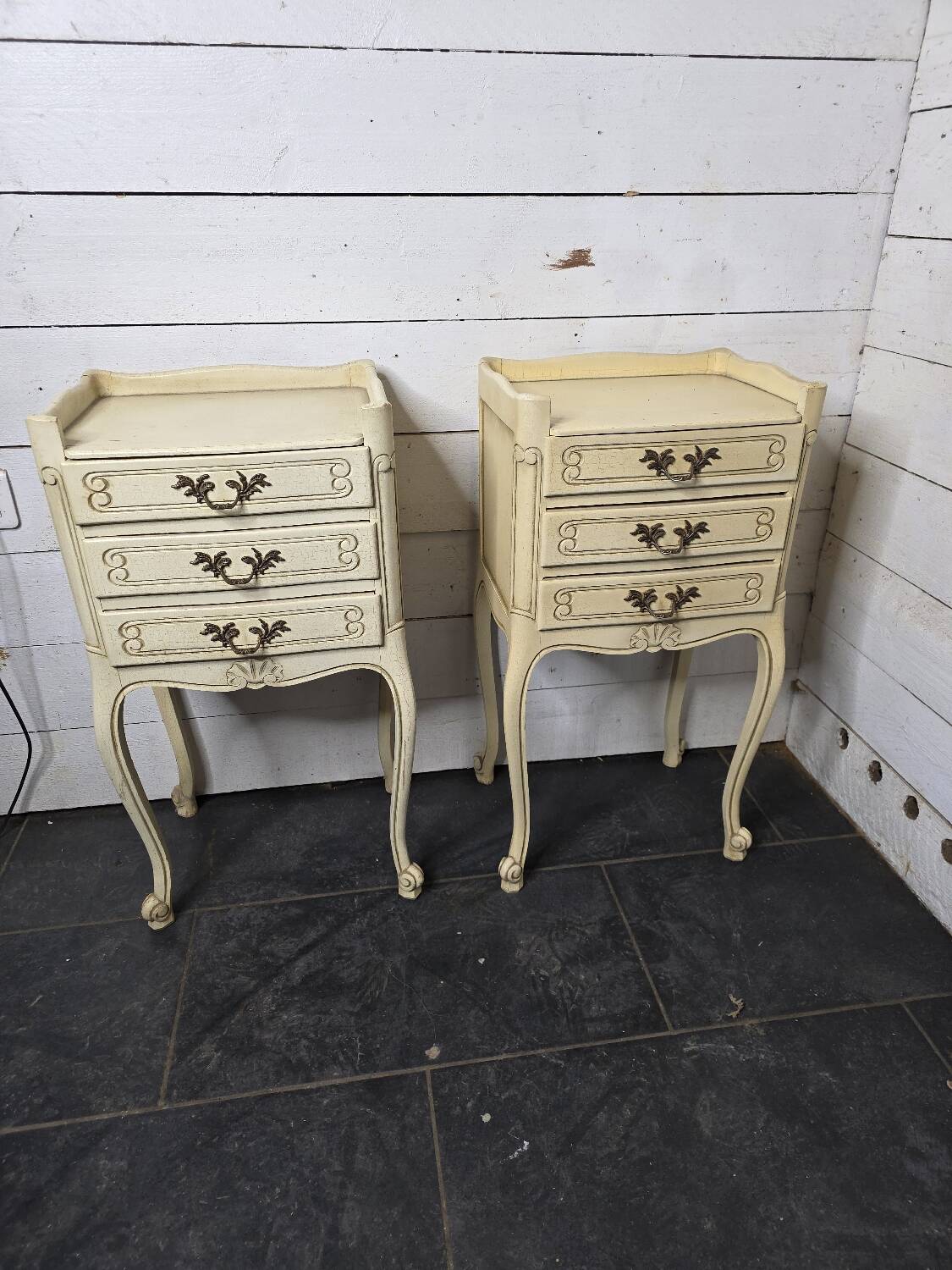 Pair of Louis XV style bedside tables with patina