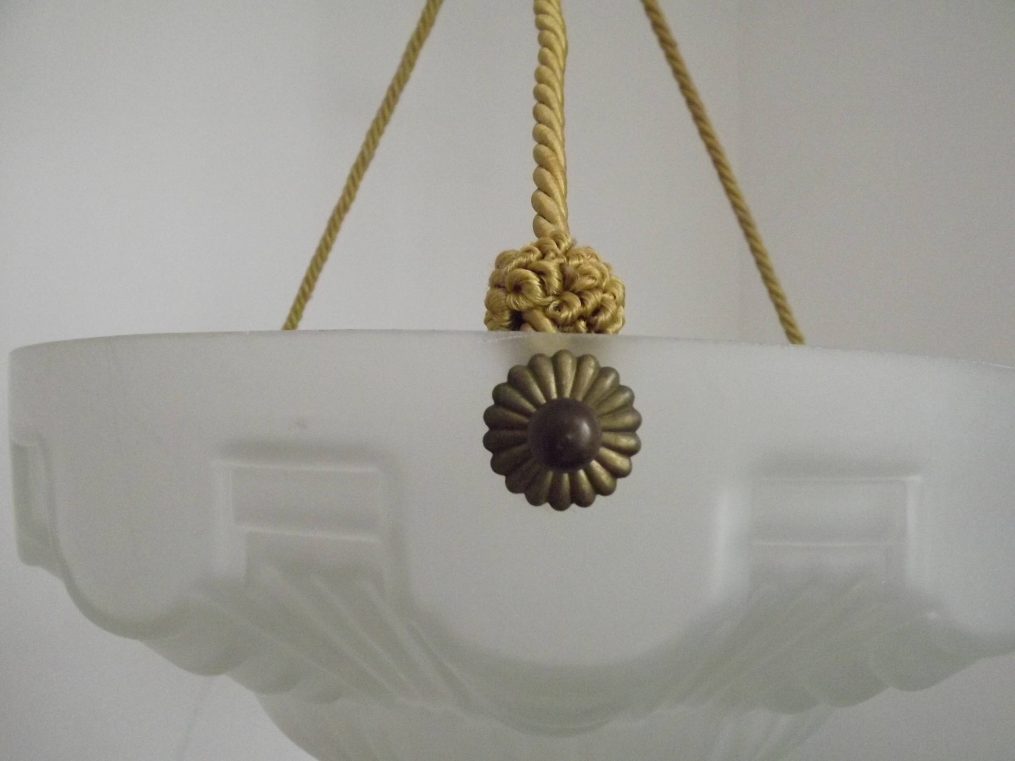 Vintage French 1930s Art Deco Gometric White Glass Ceiling Light