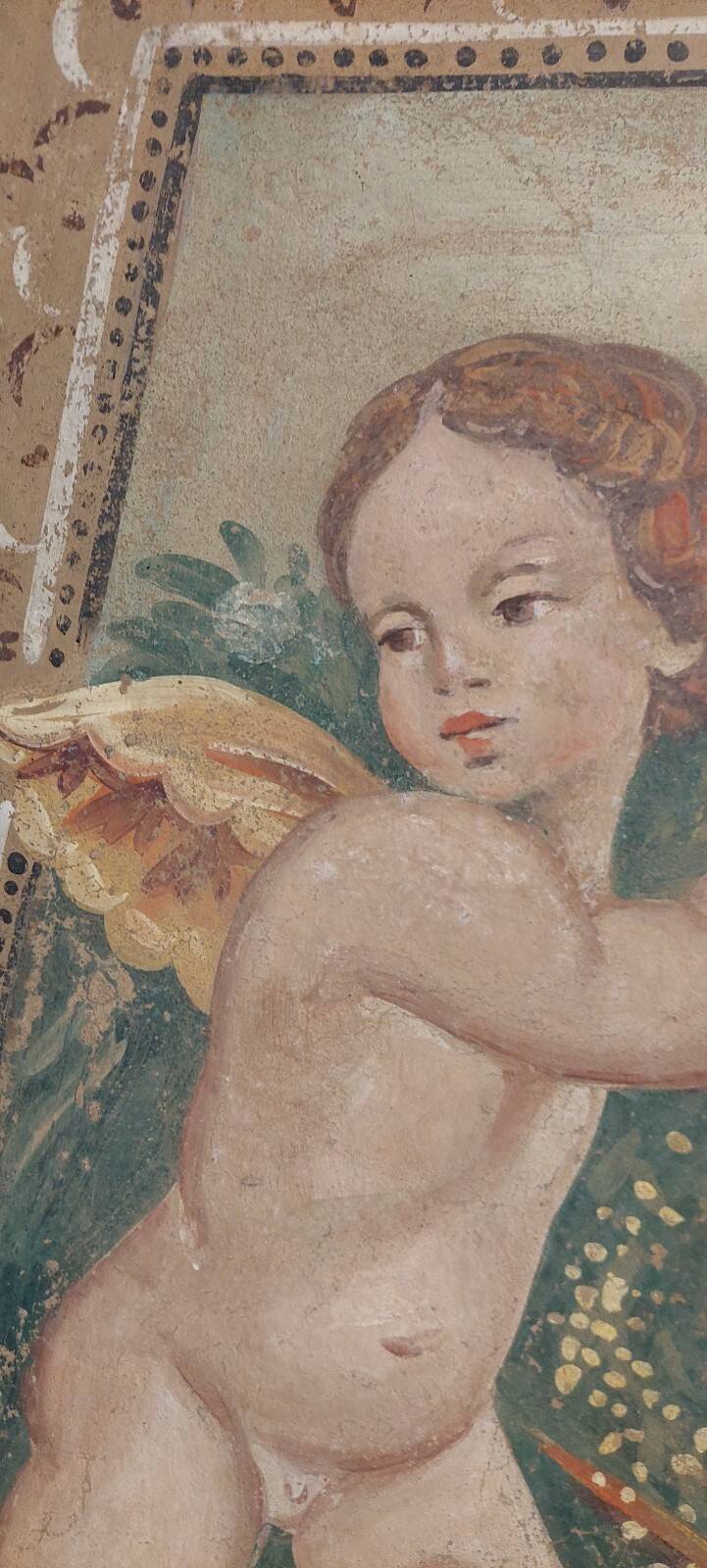 Allegory large painted tempera panel on decorative canvas 170x80 cm