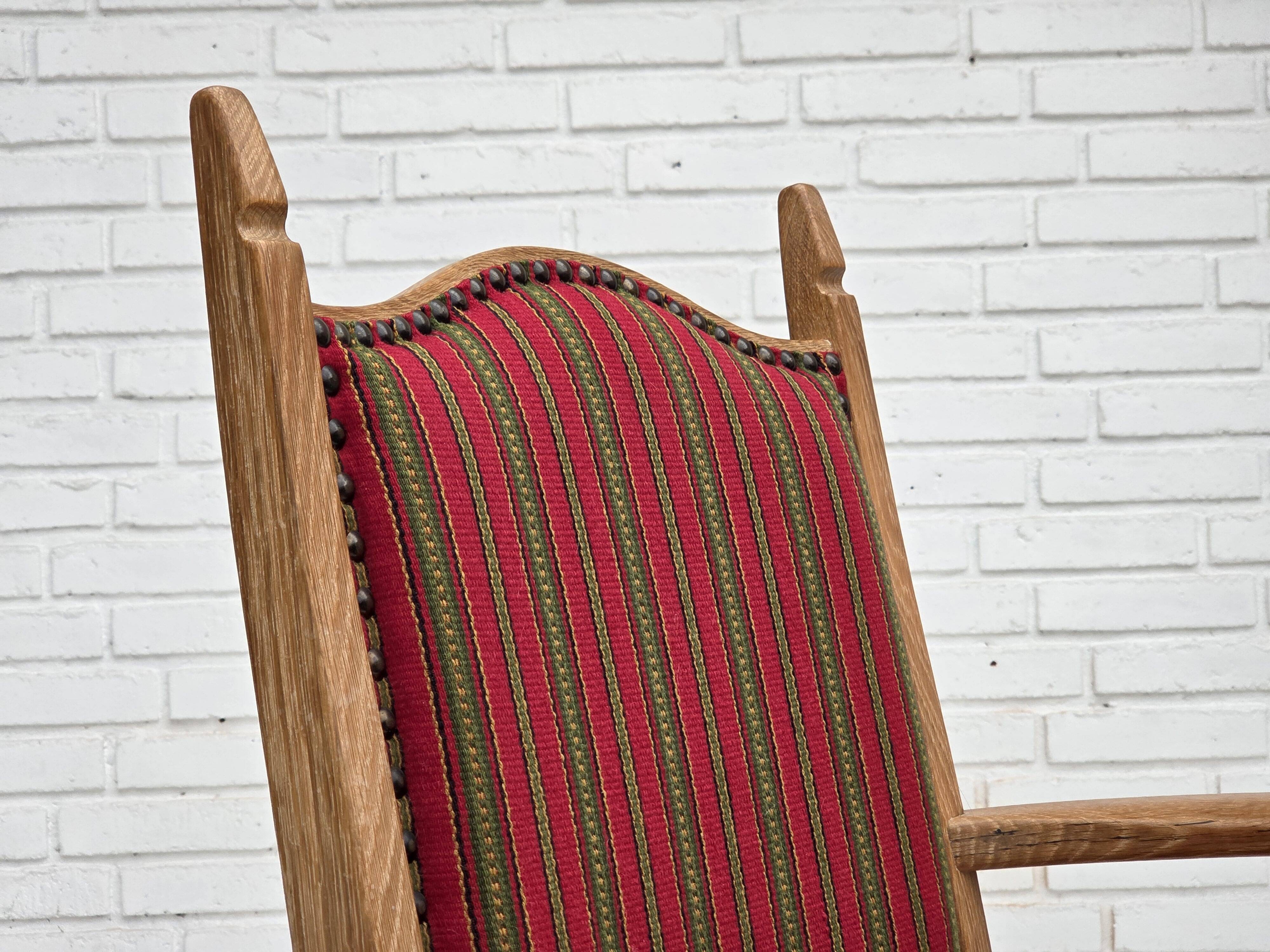 1970s, Danish armchair, striped red furniture wool, solid oak wood.