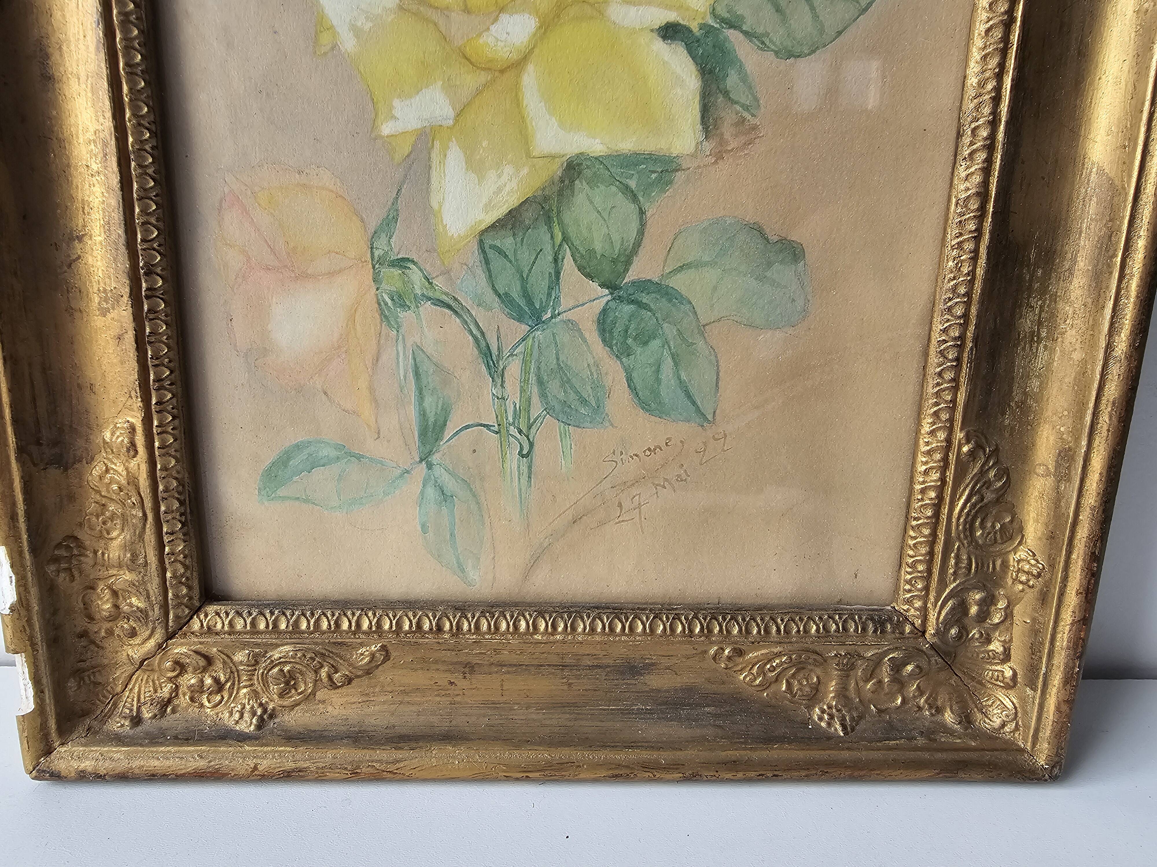 Watercolour painting of pink flowers signed Simonne 1922 in a gilded wooden frame.