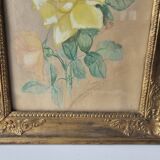 Watercolour painting of pink flowers signed Simonne 1922 in a gilded wooden frame.