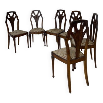 Ensemble de 6 chaises de salle à manger en noyer sculpté Art Déco, années 1920/1930