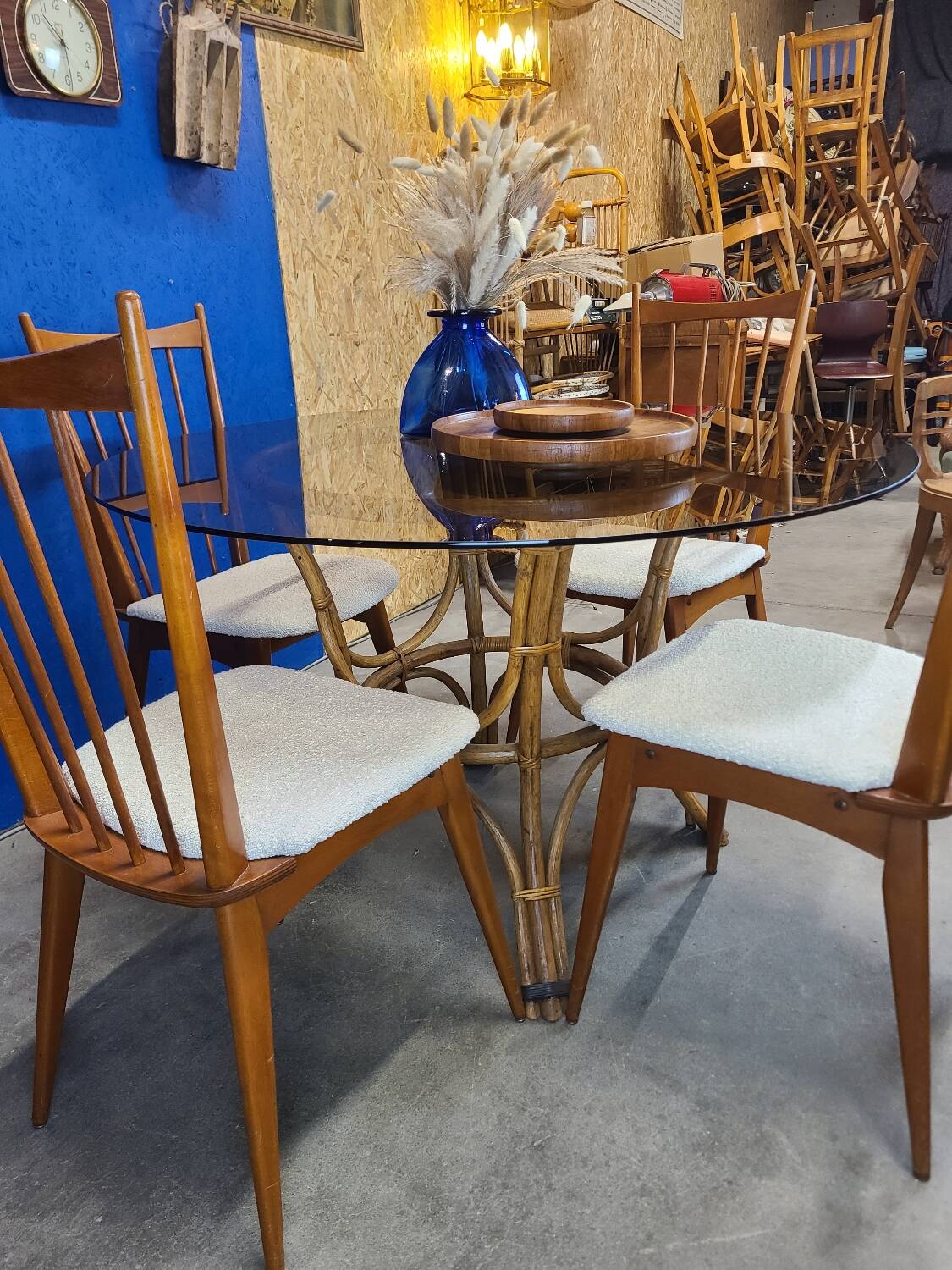 70s smoked glass and rattan table