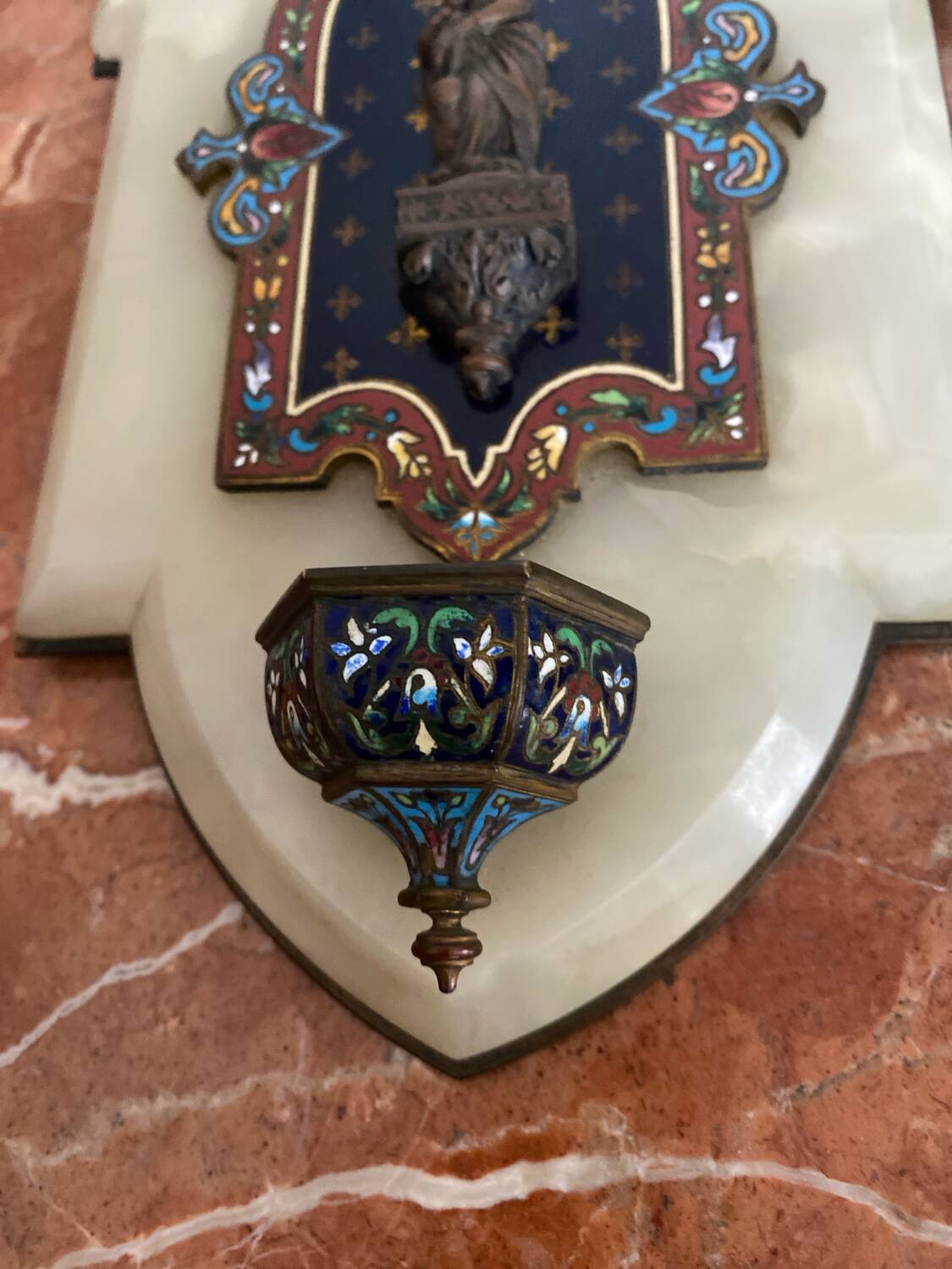 Very beautiful holy water font in cloisonné enamel on marble