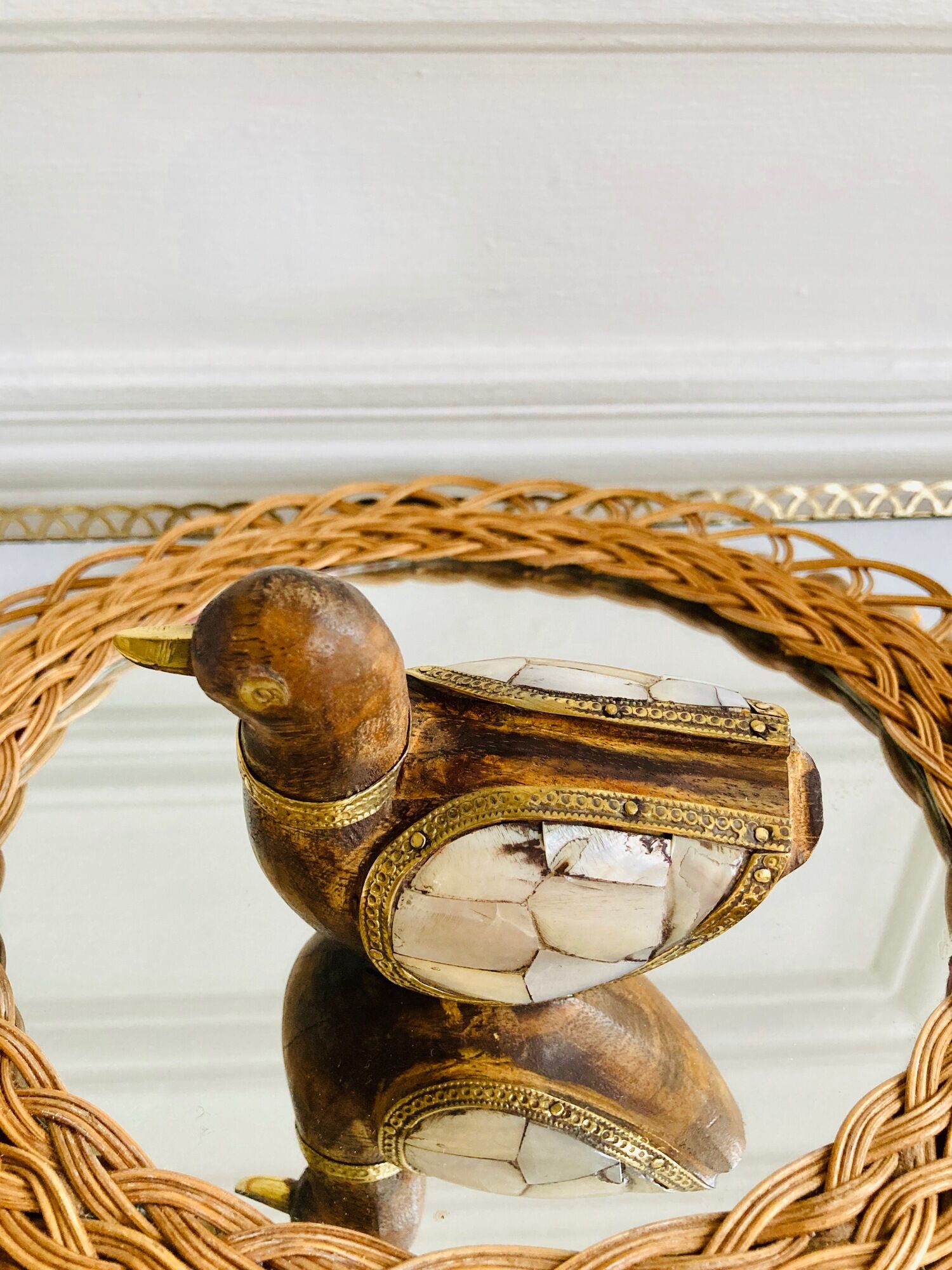 Wood brass duck and mother-of-pearl