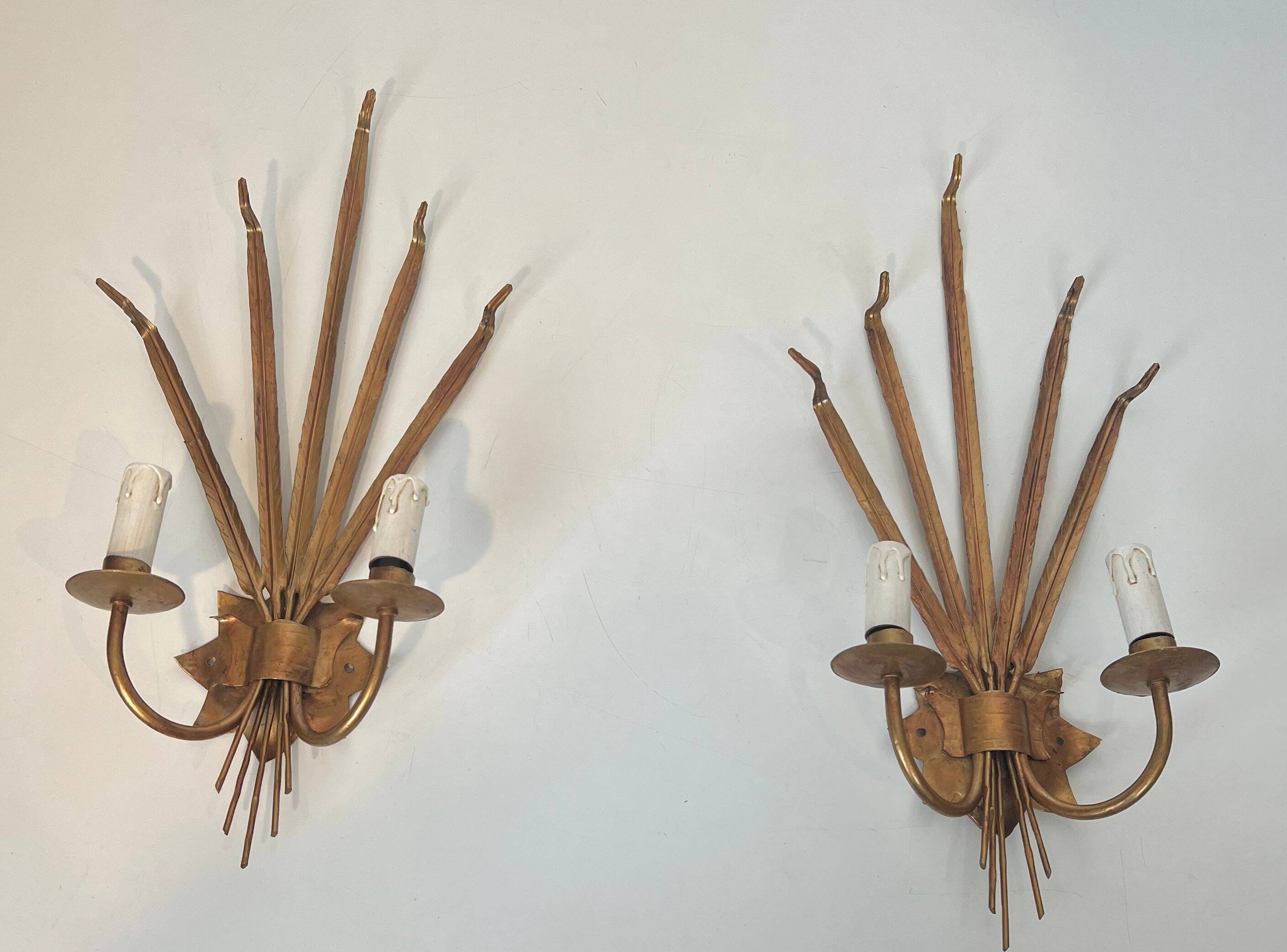 Pair of gold wall sconces with wheat ears in the style of Coco Chanel