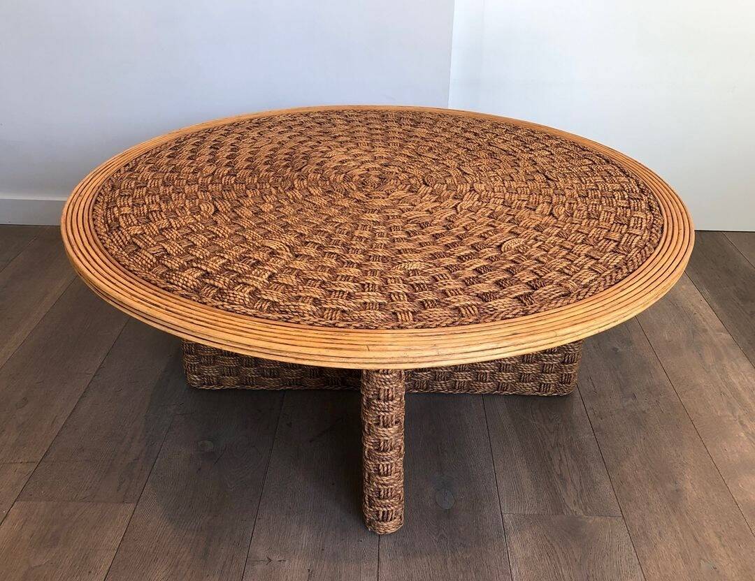 Large Round Coffee Table in Rope and Wood, in the Style of Audoux-Minet, Fra
