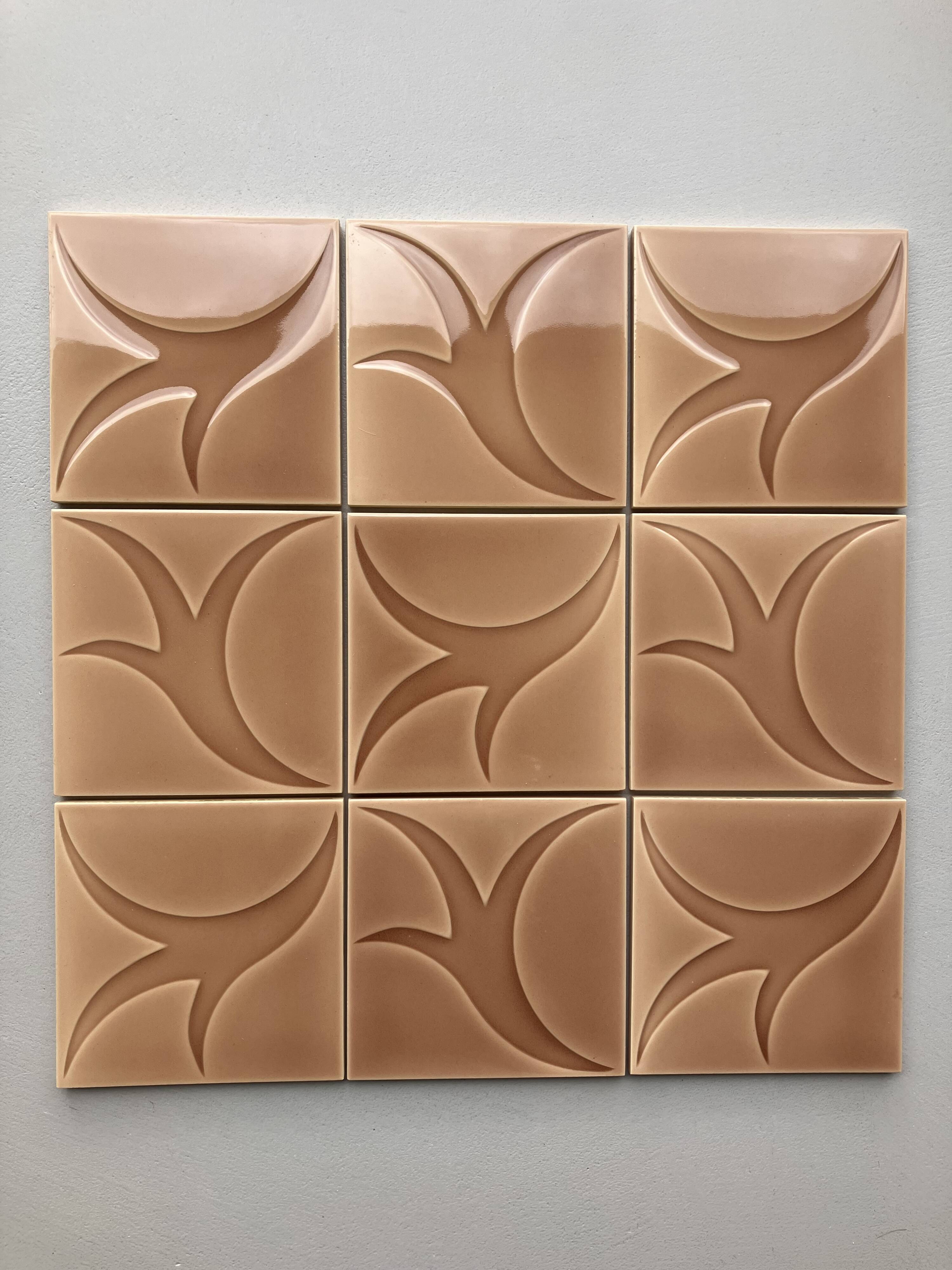 Relief tiles Desvres Mid Century Lot of 9 dark beige colours