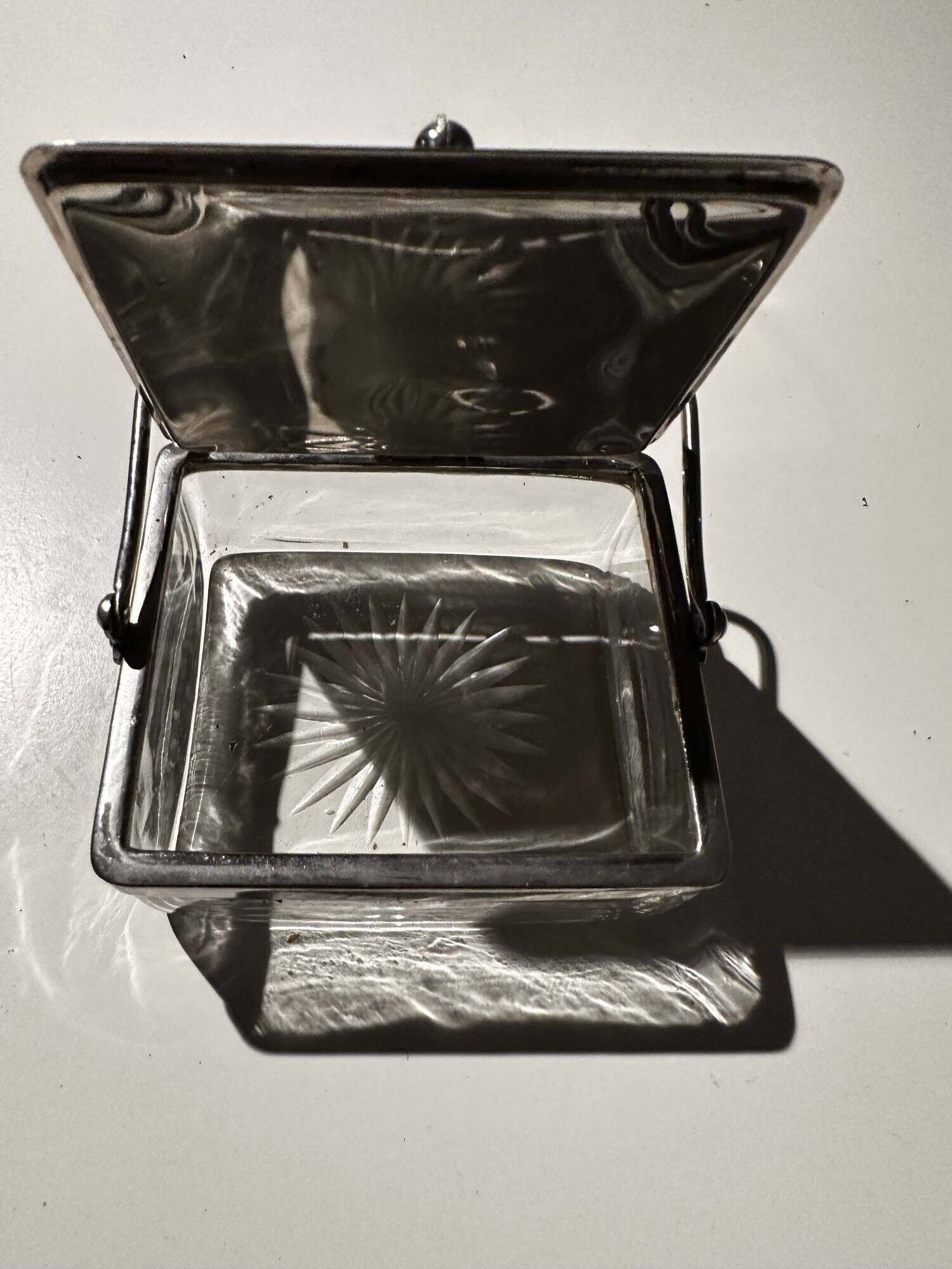 Art Deco Period Butter Dish, Silver Metal and Crystal - With Balance Wheel