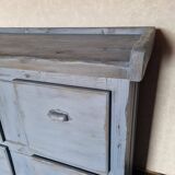 Meuble de metier établi années 40 patiné bleu