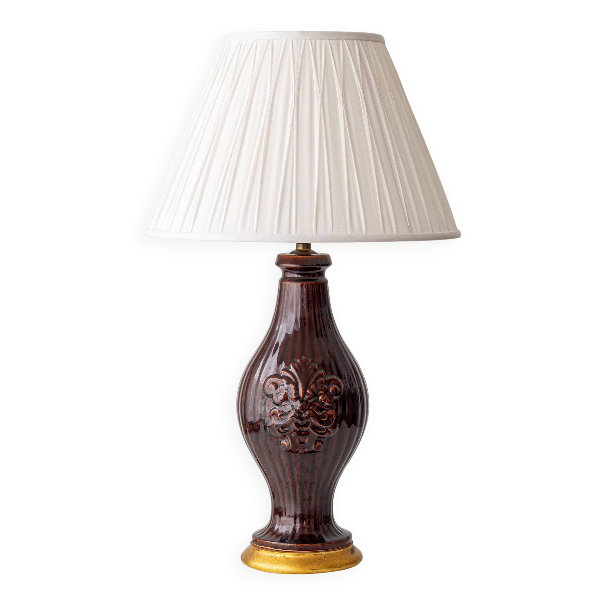 Chocolate glazed ceramic table lamp from Manises, Spain, 1960s with a new silk shade.