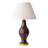 Chocolate glazed ceramic table lamp from Manises, Spain, 1960s with a new silk shade.