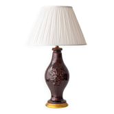 Chocolate glazed ceramic table lamp from Manises, Spain, 1960s with a new silk shade.