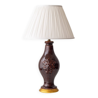 Chocolate glazed ceramic table lamp from Manises, Spain, 1960s with a new silk shade.