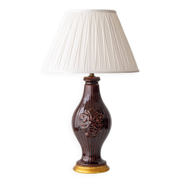 Chocolate glazed ceramic table lamp from Manises, Spain, 1960s with a new silk shade.