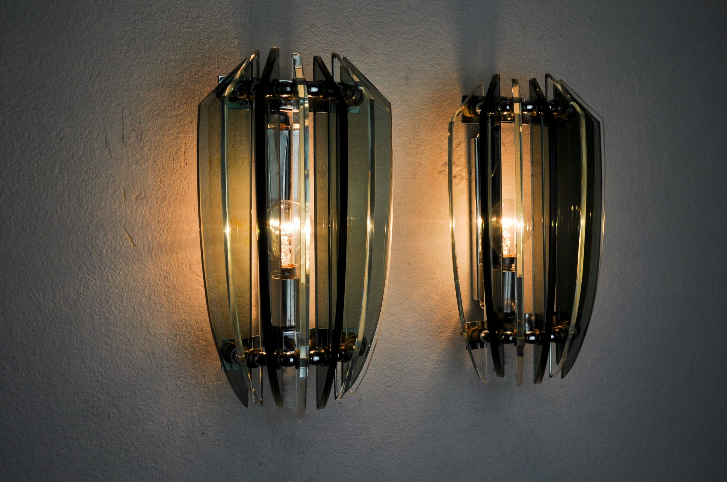 Pair of veca bicolor wall lamps, green murano glass, italy 1970