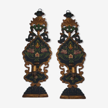 Pair of mountain appliques Savoy vintage painted wood