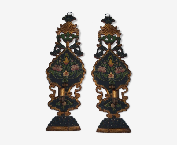 Paire d'appliques montagne Savoie bois peint vintage