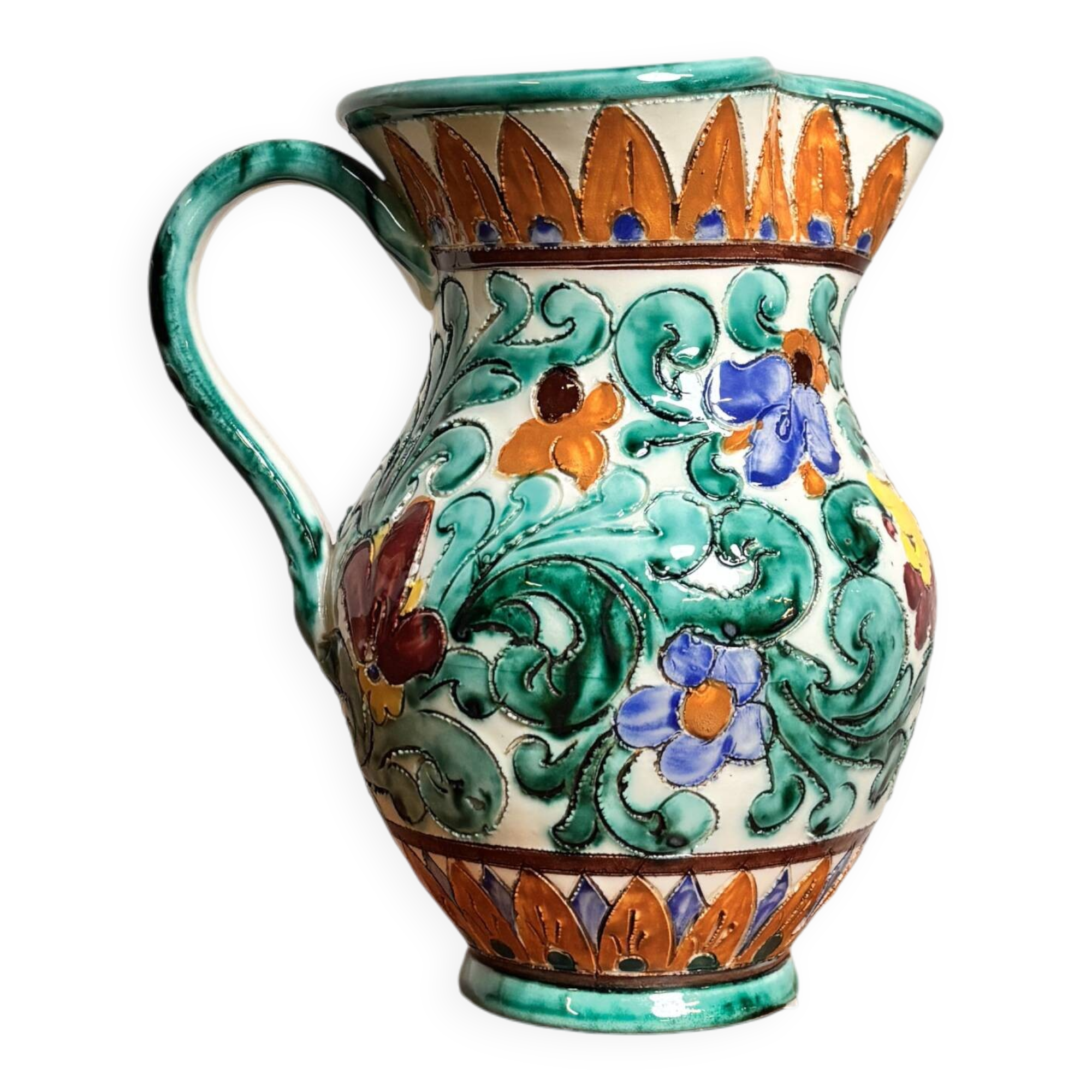 Vase jug with handle – floral decoration, signed Cerart Monaco ⎥1960s