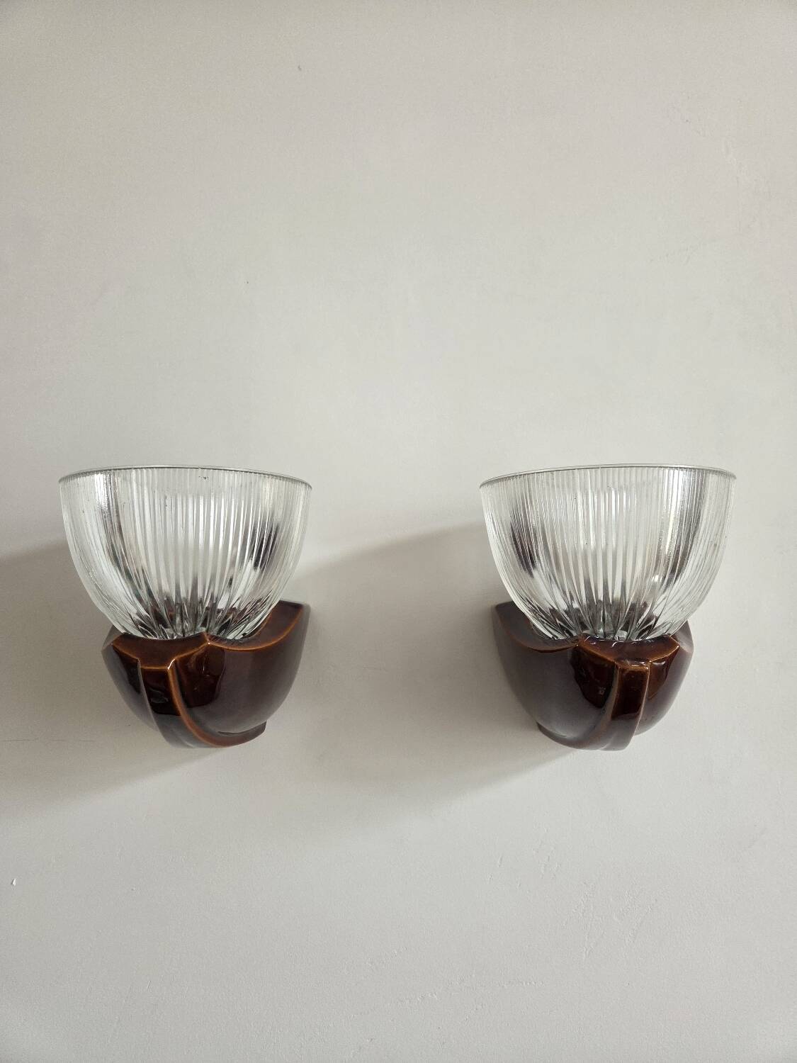 Pair of Art Deco wall lights, ceramic and holophane glass.