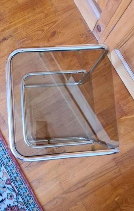 Vintage 70s shelf in chromed metal and smoked glass